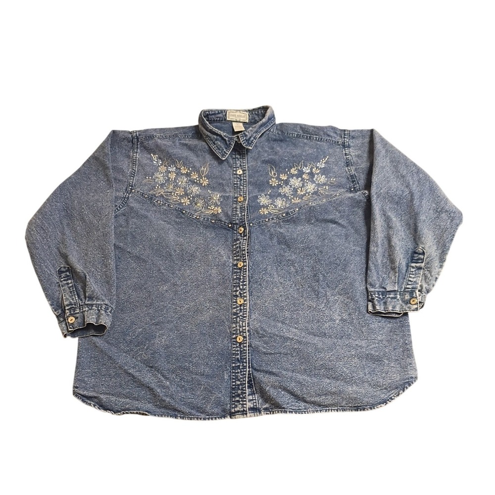 Jane Ashley Denim Button Up Shirt Womens 2X Blue Floral Embroidery Acid Wash